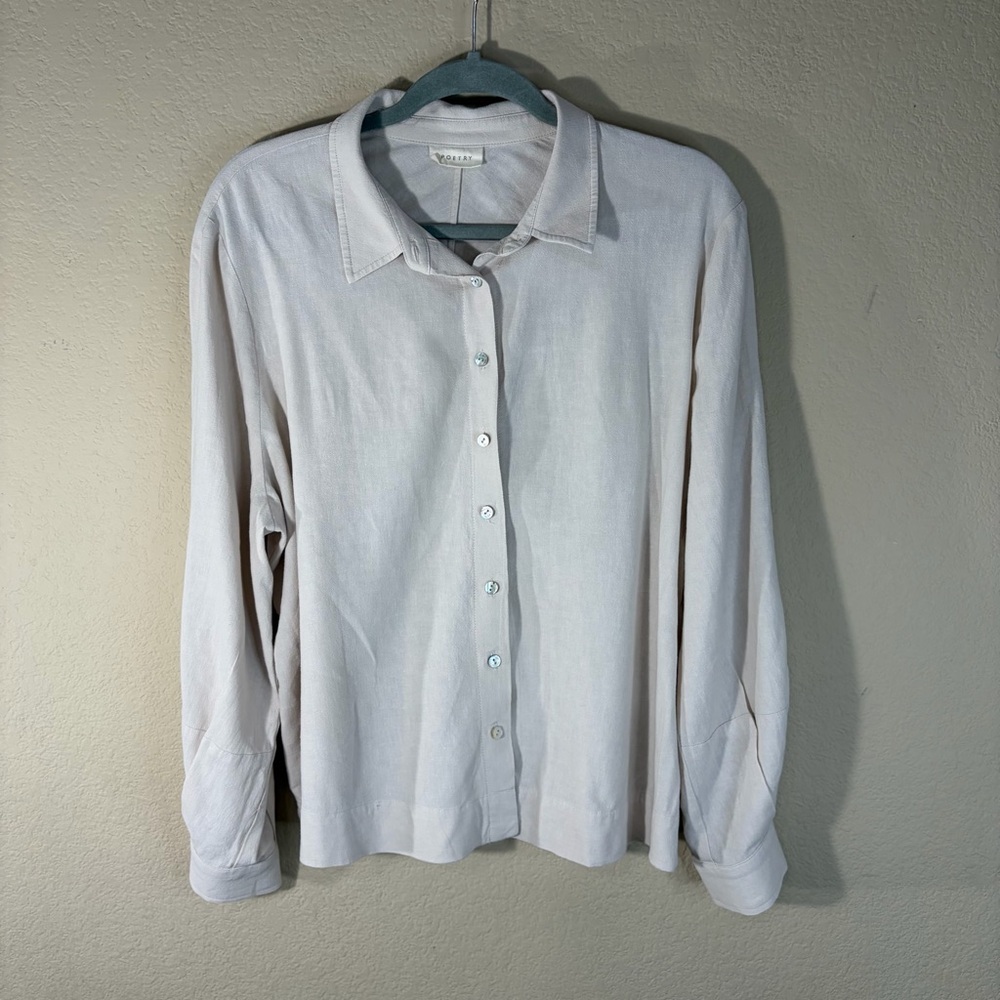 Poetry Linen Blend Button Down Shirt Cream LongSleeve Sz 14 Minimalist Coastal